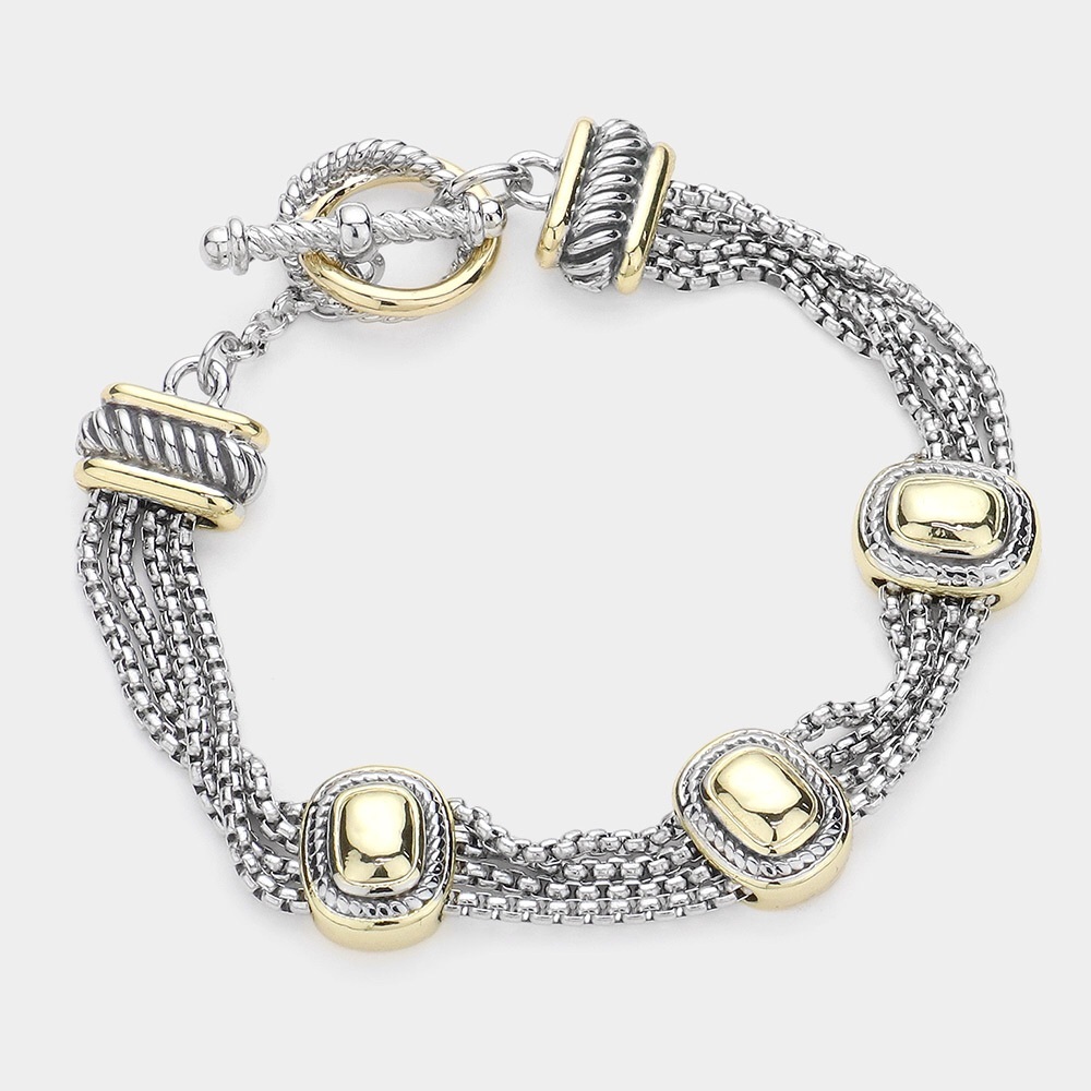 14K GOLD TWO TONE OVAL CHARM BRACELET TOGGLE CLOSURE